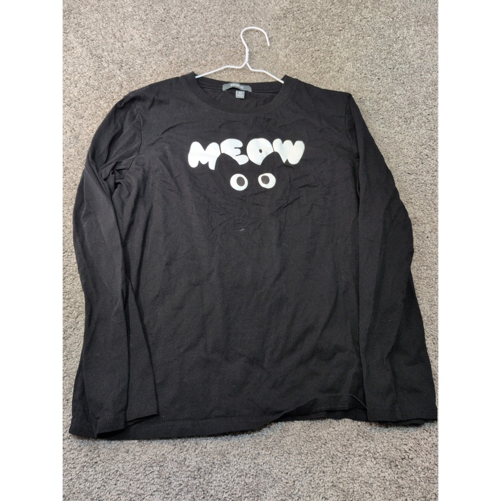 Miniso Meow Cat Eyes Graphic Long Sleeve Tee Black Crew Neck Shirt